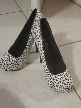 Dalmatian Print High Heel Pumps - Black & White Covered In Clear Sequins.